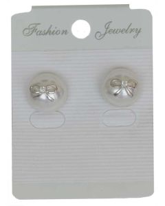 Bow Tie and White Crystal on Silver color Half Globe Earrings