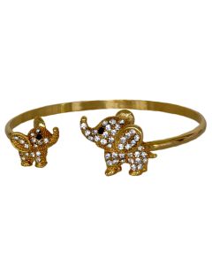 Gold Color Black Eye Baby and Mother Elephant Bracelet with Sparkling White Crystals