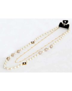 Gold Color Necklace with Droplets Cubes Made up Pearls and Black Flowers