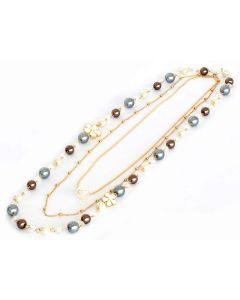 Gold Color Necklace with Droplets Cubes Made up Pearls and White Flowers