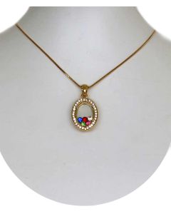 Gold Color Oval Pendant with Sparkling White Crystals and Multi Color Floating Crystals and Chain