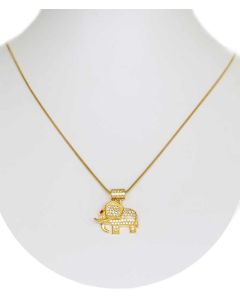 Gold Color Tusker Elephant Pendant with Sparkling White Crystals and Chain