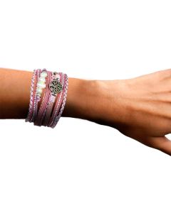 Pink Fabric Bracelet with Sparkling White Crystals and Made up Pearls