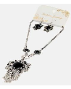 Set of Silver Color Black Pendent and Grand Necklace and Earrings