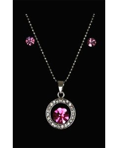 Set of Silver Color Circle and Droplet Pendant with Sparkling Pink and White Crystals and Chain and Earrings