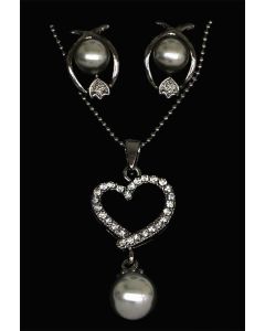 Set of Silver Color Heart Pendant with Made Up Pearls and Sparkling White Crystals and Chain and Earrings