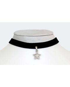 Silver Color and Sparkling White Crystals Star Pendant and Black Fabric Choker