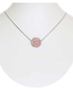 Silver Color Circle Pendant with Sparkling Pink Crystals and Chain