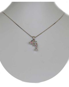 Silver Color Fish Pendant with Sparkling Multi Color Crystals and Chain