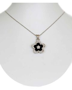 Silver Color Five Petal Flower Pendant with Sparkling White Crystals and Chain