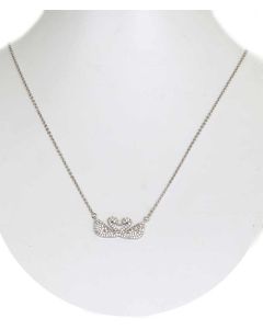 Silver Color Kissing Swans Pendant with Sparkling White Crystals and Chain