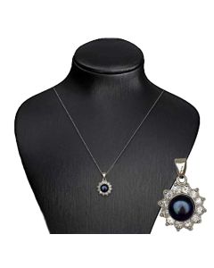 Silver Color Pendant with Cultured Blue Pearl and Sparkling White Crystals