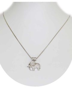 Silver Color Tusker Elephant Pendant with Sparkling White Crystals and Chain