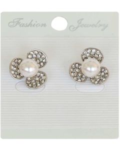 Pearl and Sparkling Crystals on Silver Color Three Petal Flower Earrings