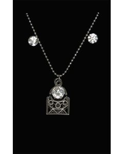 Set of Silver Color Droplet and Handbag Pendant with Sparkling White Crystals and Chain and Earrings