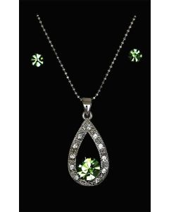 Set of Silver Color Droplet Pendant with Sparkling Green and White Crystals and Chain and Earrings