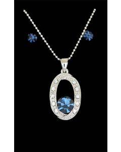 Set of Silver Color Oval and Droplet Pendant with Sparkling Blue and White Crystals and Chain and Earrings