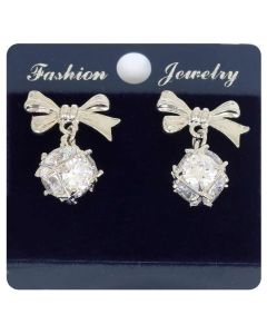 Silver Color Bow Tie and White Color Sparkling Droplet Earrings